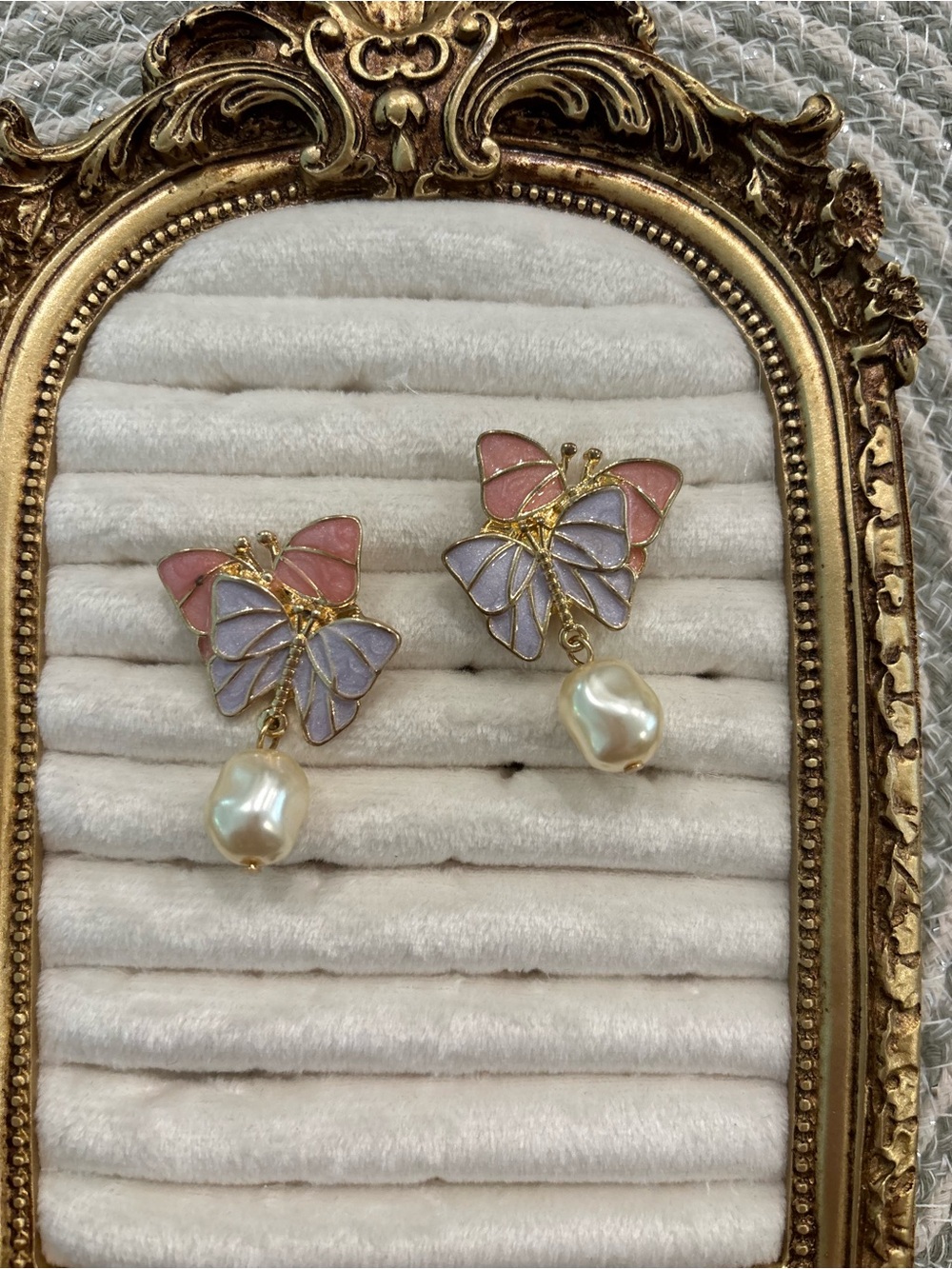 Gold Butterfly Drop Earrings with Pink & Lavender Enamel and Pearl